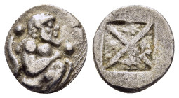 THRACO-MACEDONIAN TRIBES. Berge (previously Lete or Siris). Trihemiobol or 1/8 Stater (circa 525-480 BC). 

Obv: Satyr crouching to right; in fields, ...