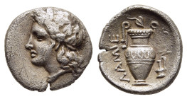 THESSALY. Lamia. Obol (circa 350-300 BC).

Obv: Head of Dionysos left, wearing ivy wreath.
Rev: ΛΑΜΙΕ-ΩΝ.
Amphora; ivy leaf above, prochous with handl...