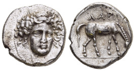 THESSALY. Larissa. Drachm (circa 400-370 BC).

Obv: Head of the nymph Larissa facing slightly right, wearing an ampyx. 
Rev: ΛΑΡΙ Horse grazing right ...