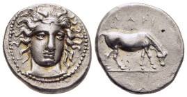 THESSALY. Larissa. Drachm (circa 370 BC).

Obv: Head of the nymph Larissa facing, turned slightly to the right and wearing an ampyx. 
Rev: ΛΑΡΙ Horse ...
