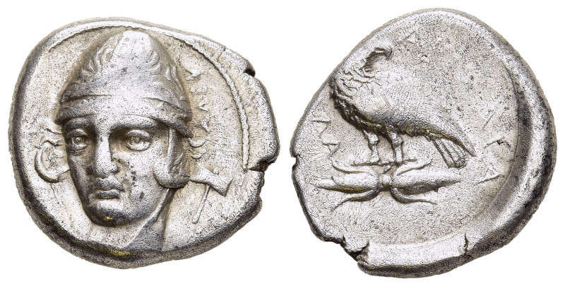 THESSALY. Larissa. Drachm (circa 370-360 BC).

Obv: ΑΛΕΥ.
Head of Aleuas facing ...