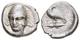 THESSALY. Larissa. Drachm (circa 370-360 BC).

Obv: ΑΛΕΥ.
Head of Aleuas facing slightly left, wearing conical helmet; to right, labrys.
Rev: ΛΑΡΙΣΑΙΑ...