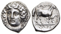 THESSALY. Larissa. Drachm (circa 369-360 BC).

Obv: Wreathed head of the nymph Larissa facing, turned slightly to the left, wearing ampyx and earring....