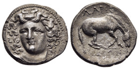 THESSALY. Larissa. Drachm (circa 356-342 BC).

Obv: Head of the nymph Larissa facing, turned slightly to the left, wearing ampyx and triple pendant ea...