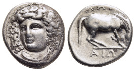 THESSALY. Larissa. Drachm (circa 356-342 BC).

Obv: Head of the nymph Larissa facing, turned slightly to the left, wearing ampyx and triple pendant ea...
