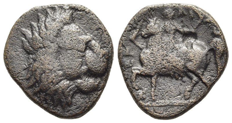 THESSALY. Pherai. AE (Circa 3rd century BC).

Obv: Head of lion to right.
Rev: E...