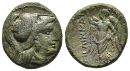 THESSALY. Pelinna. Ae (3rd-early 2nd centuries BC).

Obv: Helmeted head of Athena right.
Rev: ΠΕΛΙΝΝΑΙ-Ω-Ν.
Nike standing left, holding wreath and sty...