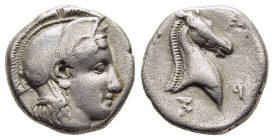 THESSALY. Pharsalos. Hemidrachm (mid-late 5th century BC).

Obv: Helmeted head of Athena right.
Rev: ΦΑΡΣ (retrograde).
Head of horse right within inc...