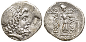 THESSALY. Thessalian League. Stater (mid-late 1st century BC). Python and Kleomachides, magistrates.

Obv: Head of Zeus right, wearing oak wreath; c/m...
