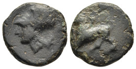 AKARNANIA. Leukas. AE (circa 320-280 BC).

Obv: Chimera at bay walking left.
Rev: Head of Athena in corinthian helmet left.

HGC 4, 868.

Of great rar...