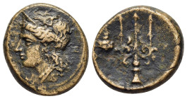 AKARNANIA. Leukas. Ae (Circa 3rd century BC).

Obv: Head of Aphrodite left, wearing stephane.
Rev: Trident; control: bunch of grapes.

BCD Akarnania 2...