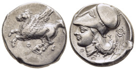 AKARNANIA. Thyrrheion. Stater (circa 320-280 BC).

Obv: Pegasos flying left; Θ below.
Rev: Helmeted head of Athena left; Θ-Y flanking neck, earring to...