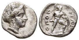 LOKRIS. Lokris Opuntii. Hemidrachm or Triobol (circa 360-350 BC).

Obv: Head of Demeter right, wearing grain wreath.
Rev: ΟΠΟΝΤΙΩΝ.
Ajax advancing rig...