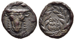 PHOKIS. Federal Coinage. Time of Onymarchos (circa 354-352 BC). AE.

Obv: Filleted head of bull facing.
Rev: ONY / MAP / XΟΥ.
Legend within wreath.

B...