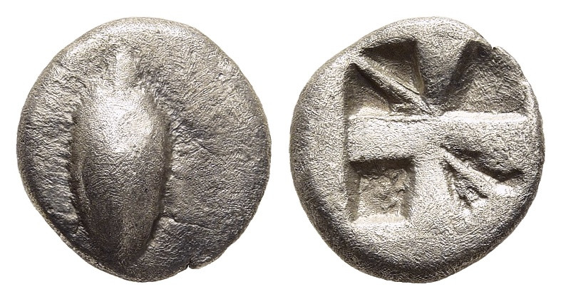 BOEOTIA. Orchomenos. Obol (circa 525-500 BC).

Obv: Wheat grain, sprouting end u...