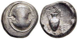 BOEOTIA. Thebes. Circa 395-338 BC. Stater (circa 379-368 BC). Klees-, magistrate.

Obv: Boeotian shield. 
Rev: Amphora; wreath above, KΛ-EEΣ across ce...