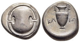 BOEOTIA. Thebes. Circa 395-338 BC. Stater (circa 368-364 BC). Klio-, magistrate.

Obv: Boeotian shield. 
Rev: Amphora; ΚΛ-ΙΟ across central field; all...