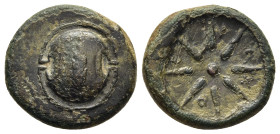 BOEOTIA. Orchomenos. AE (circa 371-364 BC).

Obv: Boeotian shield, decorated with grain ear.
Rev: E - P - X - O.
Eight-pointed star around central pel...