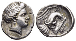 EUBOIA. Chalkis.Drachm (circa 338-308 BC).

Obv: Head of the nymph Chalkis right.
Rev: XAΛ.
Eagle flying right, grappling with serpent; below, thunder...