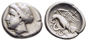 EUBOIA. Chalkis. Drachm (circa 338-308 BC).

Obv: Head of nymph Chalkis left.
Rev: Eagle left, holding serpent in talons; torch to right. 

BCD Euboia...