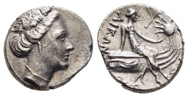 EUBOIA. Histiaia. Tetrobol (3rd-2nd centuries BC).

Obv: Wreathed head of the Nymph Histiaia right.
Rev: ΙΣΤΙ - ΑΙΕΩΝ 
Nymph seated right on stern of ...