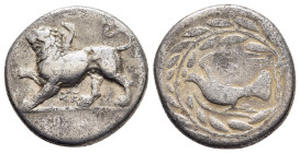 SIKYONIA. Sikyon. Drachm (circa 335-330 BC).

Obv: Chimaera advancing left, raising forepaw; ΣE below.
Rev: Dove flying left; I below beak; all within...