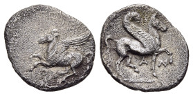CORINTHIA. Corinth. Diobol (circa 400-375 BC).

Obv: Ϙ Pegasos with spread wings flying to left. 
Rev: A-Λ Pegasos with curved wings standing right on...