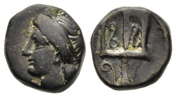 ARGOLIS. Troizen. AE (circa 300-270 BC).

Obv: Head of Athena left, wearing tainia.
Rev: Ornate trident head. 

Cf. BCD Peloponnesos 1339.2; HGC 5, 80...