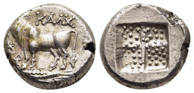 BITHYNIA. Kalchedon. Drachm (circa 367/6-340 BC).

Obv: KAΛX.
Bull standing left on grain ear right; kerykeion and star to left.
Rev: Quadripartite in...