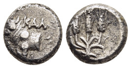 BITHYNIA. Kalchedon. Hemidrachm (circa 367/6-340 BC).

Obv: KAΛ.
Forepart of bull left on grain ear; three pellets left.
Rev: Three grain ears.
...