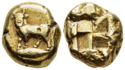 MYSIA. Kyzikos. ELECTRUM Stater (circa 550-450 BC).

Obv: Man-headed bull standing left, head facing, on tunny left.
Rev: Quadripartite incuse squa...