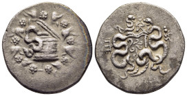 MYSIA. Pergamon. Cistophoric Tetradrachm (circa 133-67 BC).

Obv: Cista mystica with serpent; all within ivy wreath.
Rev: Bow case between two serpent...