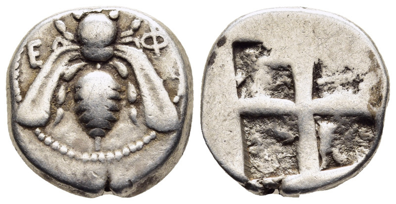 IONIA. Ephesos. Didrachm (circa 420-400 BC).

Obv: Ε - Φ. Bee.
Rev: Quadripartit...