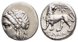 IONIA. Miletos. Drachm (circa 259-246 BC). Melaineus magistrate.

Obv: Laureate head of Apollo left.
Rev: ΜΕΛΑΙΝΕΥΣ
Lion standing left, head right; to...