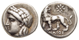 IONIA. Miletos. Drachm (circa 259-246 BC). Melaineus magistrate.

Obv: Laureate head of Apollo left.
Rev: ΜΕΛΑΙΝΕΥΣ
Lion standing left, head right; to...