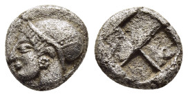 IONIA. Phokaia. Diobol (circa 521-478 BC).

Obv: Archaic head of Athena left.
Rev: Quadripartite incuse punch.

SNG Kayhan 522.

Condition: Porous, ot...