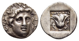CARIA. Rhodes. Hemidrachm (circa 170-150 BC). Dionysios, magistrate.

Obv: Radiate head of Helios facing slightly right.
Rev: ΔIONYΣIOΣ / P - O.
Rose ...