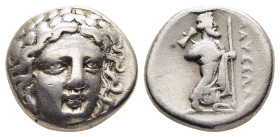 SATRAPS OF CARIA. Maussolos (circa 377/6-353/2 BC). Drachm. Halikarnassos.

Obv: Laureate head of Apollo facing slightly right.
Rev: MAYΣΣΩΛΛON.
Zeus ...