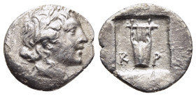LYCIA. LYCIAN LEAGUE. Kragos. Hemidrachm (circa 48-42 BC).

Obv: Λ - Y.
Laureate head of Apollo right.
Rev: K - P.
Lyre within incuse square.

RPC I 3...