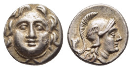 PISIDIA. Selge. Obol (circa 350-300 BC).

Obv: Facing gorgoneion.
Rev: Head of Athena wearing winged helmet right; astragalos to left.

SNG BN 1930.

...