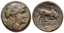 SELEUKID KINGDOM. Seleukos I (312-281 BC). AE (280s BC). Seleukeia.

Obv: Laureate head of Apollo right.
Rev: BAΣΙΛΕΩΣ ΣEΛEYKOY.
Bull butting right; m...