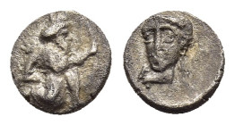 ACHAEMENID EMPIRE. temp. Artaxerxes II to Darios III (circa 400-332 BC). Tetartemorion. Kolophon(?) mint. 

Obv: Persian king or hero, wearing kidaris...
