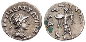 BAKTRIA. Indo-Greek Kingdom. Menander I Soter (Circa 155-130 BC). Drachm.

Obv: ΒΑΣΙΛΕΩΣ ΣΩΤΗΠΟΣ / ΜΕΝΑΝΔΡΟΥ.
Diademed, helmeted, draped and cuirassed...