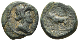 MACEDON. Thessalonica. Julia Augusta (Livia), as wife of Augustus (38 BC-AD 14). AE.

Obv: Veiled bust of Livia right.
Rev: ΘECCAΛONIKEΩN.
Yoke of oxe...