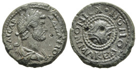 MACEDON. Koinon of Macedon. Hadrian (117-138). AE.

Obv: KAICAP AΔPIANOC.
Laureate and draped bust right.
Rev: KOINON MAKEΔONΩN.
Macedonian shield.

V...