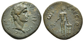 LESBOS. Eresos. Trajan (98-117). AE.

Obv: ΑΥΤΟΚΡΑΤΩΡ ΝΕΡ ΤΡΑΙΑΝΟϹ ΓΕΡ.
Laureate bhed of Trajan right.
Rev: ΕΡΕϹΙⲰΝ.
Apollo standing naked, left, hold...