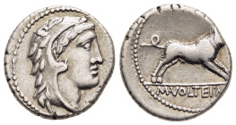 M. VOLTEIUS M.F. Denarius (75 BC). Rome.

Obv: Head of Hercules right, wearing lion skin.
Rev: M VOLTEI M F.
Erymanthian Boar advancing right.

Crawfo...