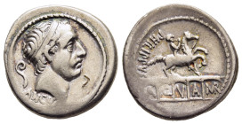 L. MARCIUS PHILIPPUS. Denarius (57 BC). Rome.

Obv: ANCVS.
Diademed head of Ancus Marcius right; lituus to left.
Rev: PHILIPPVS / AQVAM R.
Equestrian ...