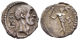 C. ANTIUS C.F. RESTIO. Denarius (47 BC). Rome.

Obv: RESTIO.
Bare head right.
Rev: C ANTIVS C F.
Hercules advancing right, holding club and trophy.

C...