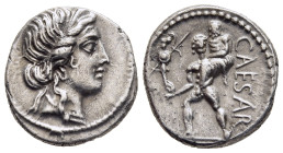 JULIUS CAESAR. Denarius (48-47 BC). Military mint traveling with Caesar in North Africa.

Obv: Diademed head of Venus right.
Rev: CAESAR.
Aeneas advan...
